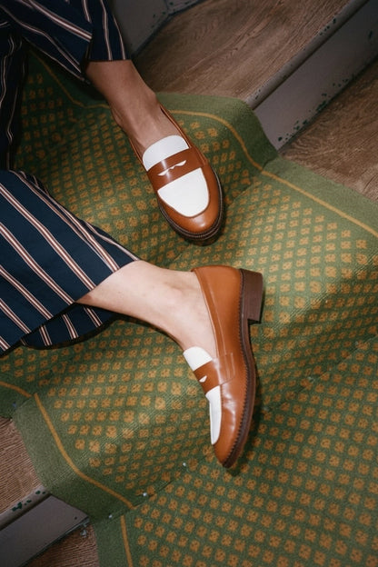 Classic Brown White Two Tone PU Leather Penny Loafers [Pre Order]