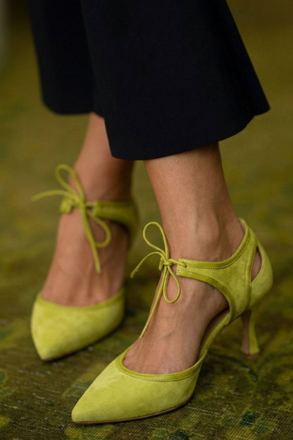 Faux Suede Two-Tone Pointed Toe Bow Tie Kitten Heels