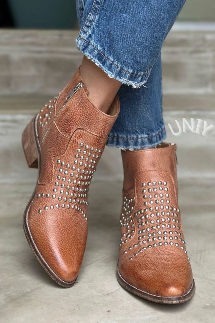 Studded Western Brown Leather Ankle Boots