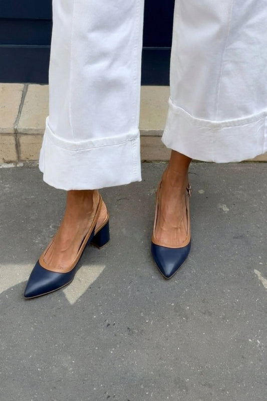 Navy Two-Tone Pointed Toe Slingback Block Heels [Pre Order]