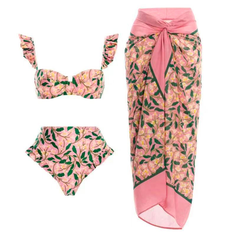 Ruffle Trim Underwire Bikini High Waisted Bottom Wrap Skirt Set
