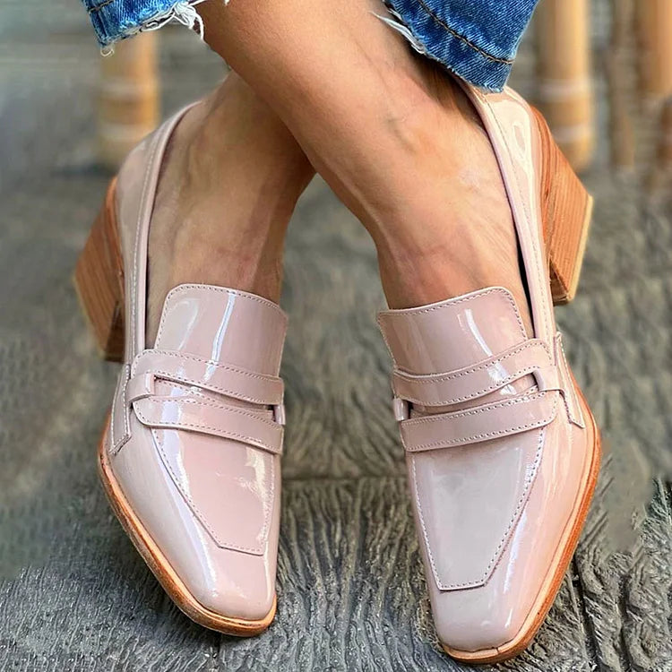 Square Toe Pink Leather Patent Chunky Loafers Heels