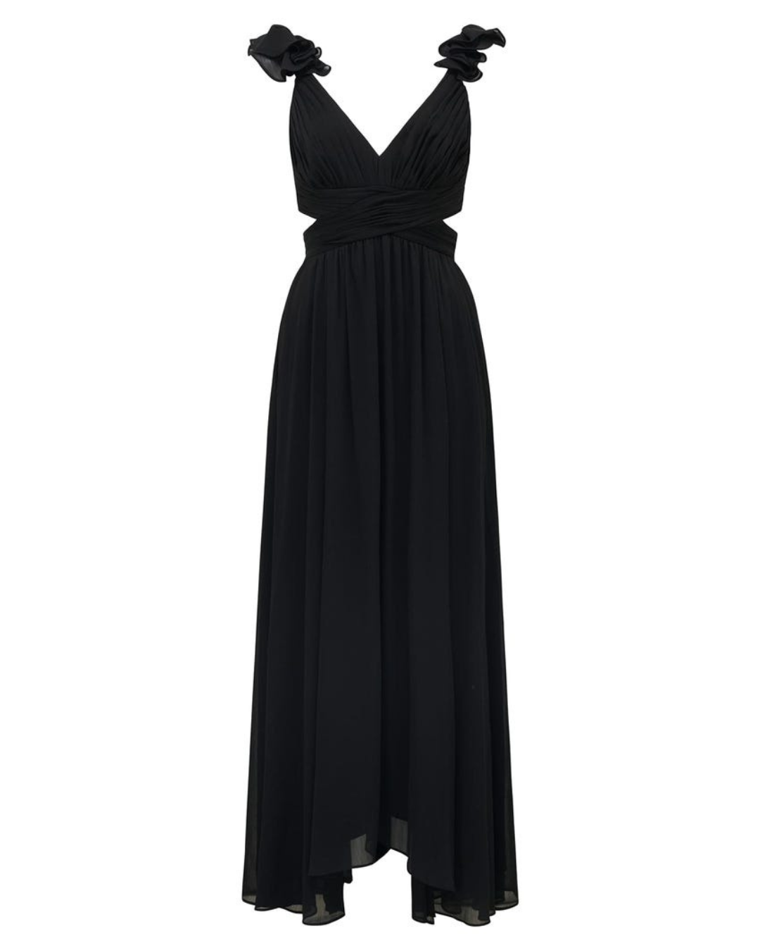Ruffle Shoulder V-Neck Cut-Out Pleated Maxi Dress