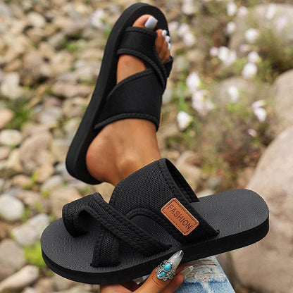 Plain Cross Belt Toe Ring Breathable Platform Muffin Slippers