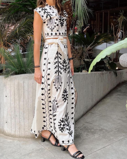 High Neck Embroidered Crop Top and Tie Waist Maxi Skirt Set