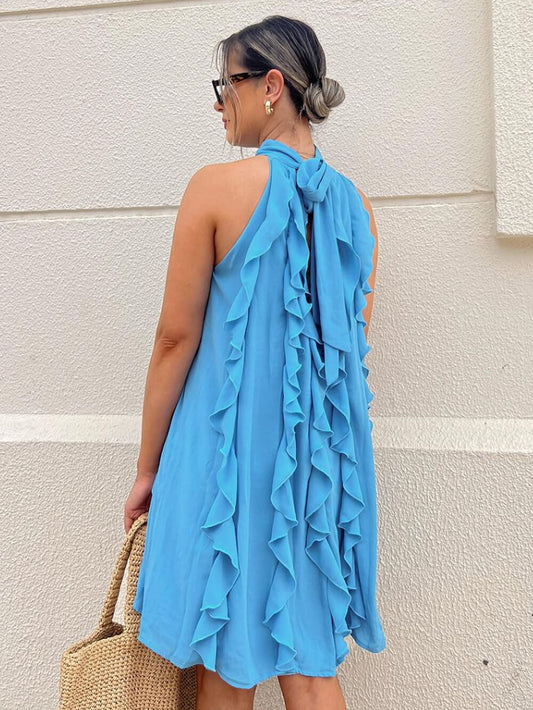 High Collar Ruffle Trim Tie Back Swing Dress
