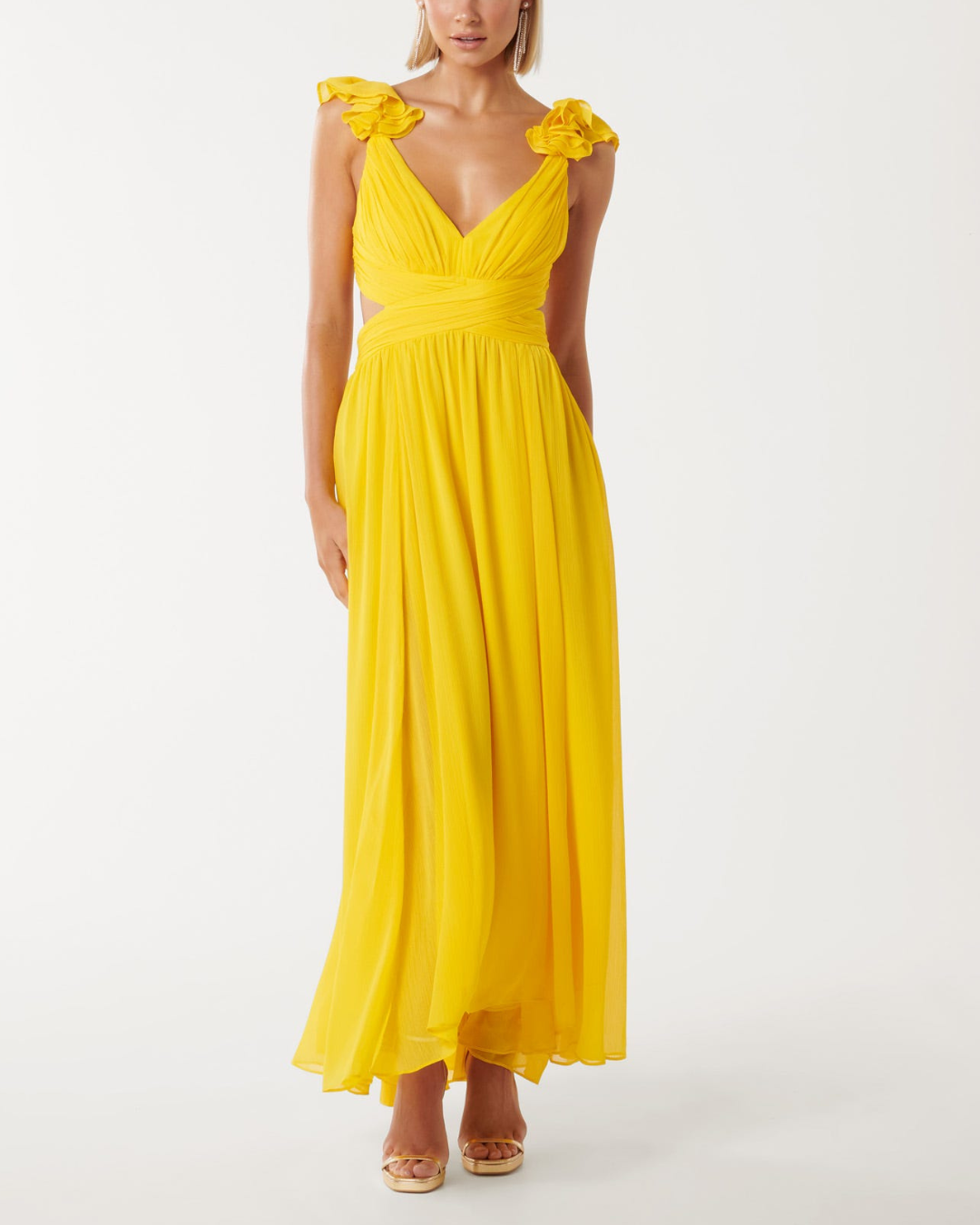 Ruffle Shoulder V-Neck Cut-Out Pleated Maxi Dress