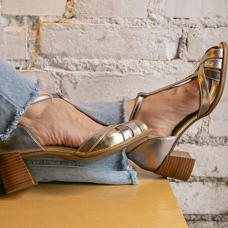 Comfortable Metallic Criss Cross T-strap Buckle Peep Toe Gold Chunky Heels