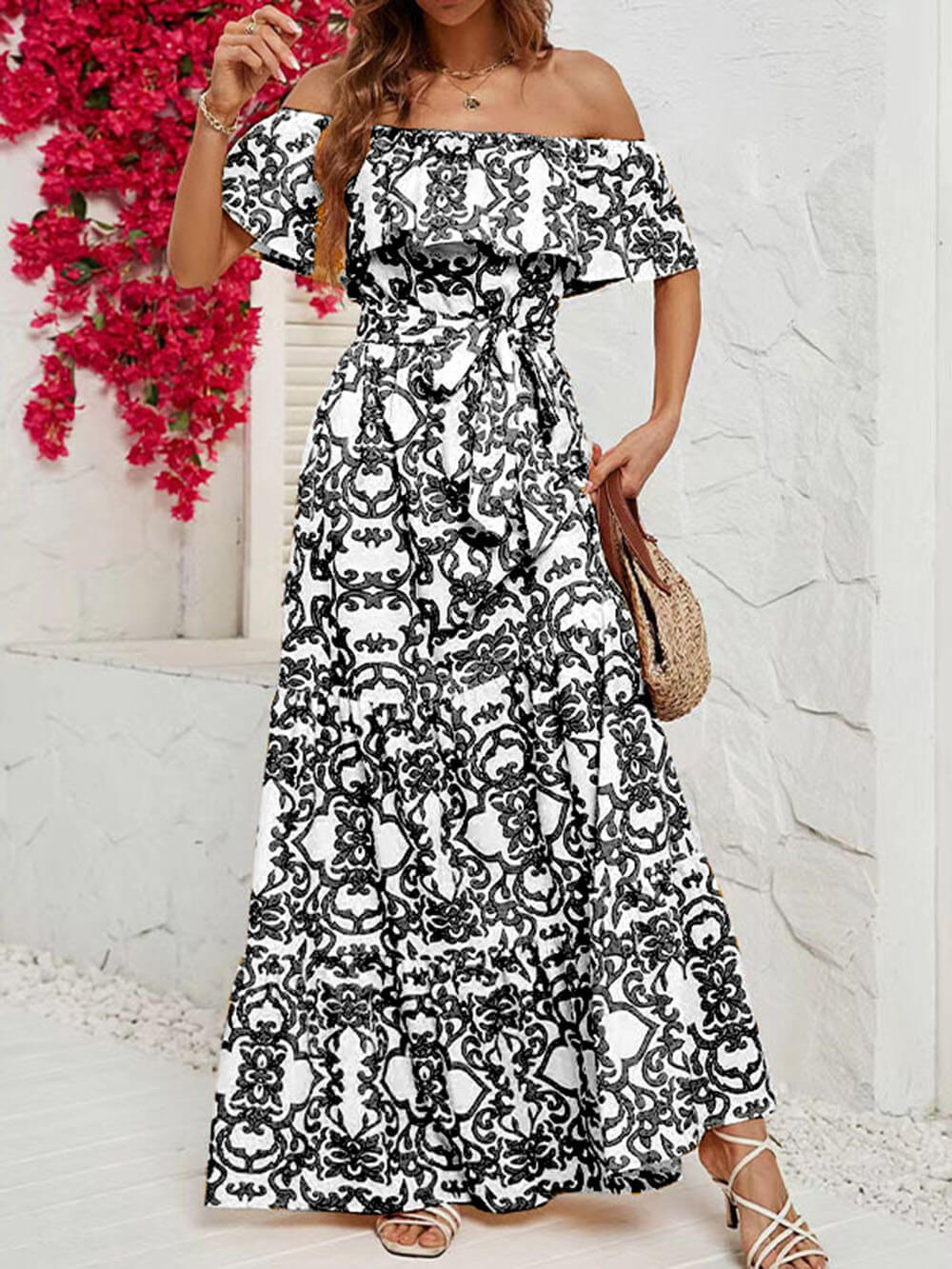 Off-Shoulder Short-Sleeve Printed Ruffle Tiered Maxi Dress