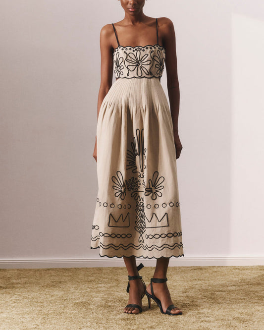 Artistic Embroidery Spaghetti Strap Pleated Midi Dress