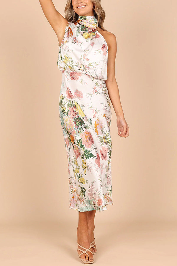 Vestido maxi floral con cuello halter y cintura elástica
