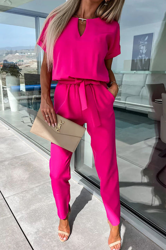 Metal Cutout Neck Belted Pocketed Jumpsuit