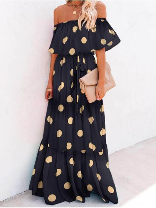 Off Shoulder Polka Dot Ruffle Maxi Dress