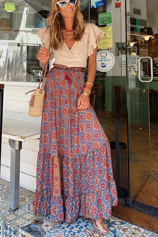 Bohemian Print Elastic Waist Tassel Maxi Skirt