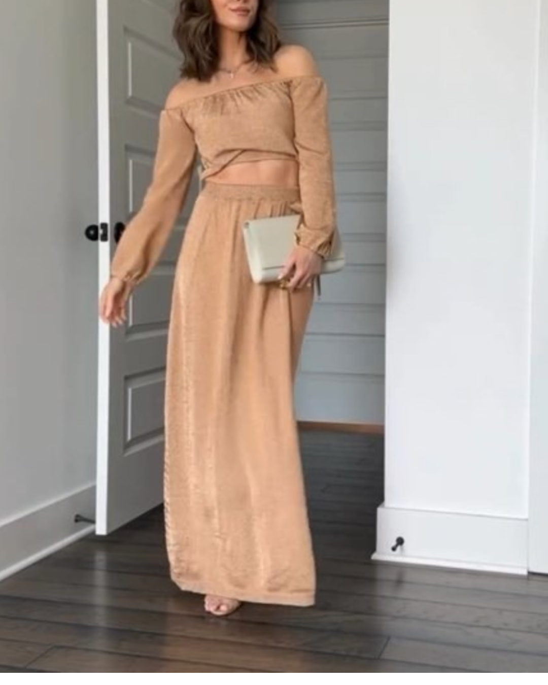 Off-Shoulder Long Sleeve Crop Top Maxi Skirt Set