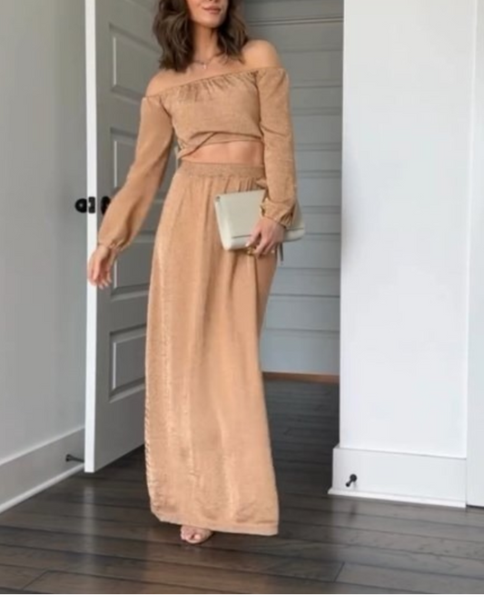 Off-Shoulder Long Sleeve Crop Top Maxi Skirt Set