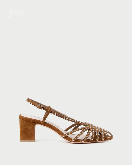 Brown Studded Strappy Slingback Peep Toe Block Heel Sandals
