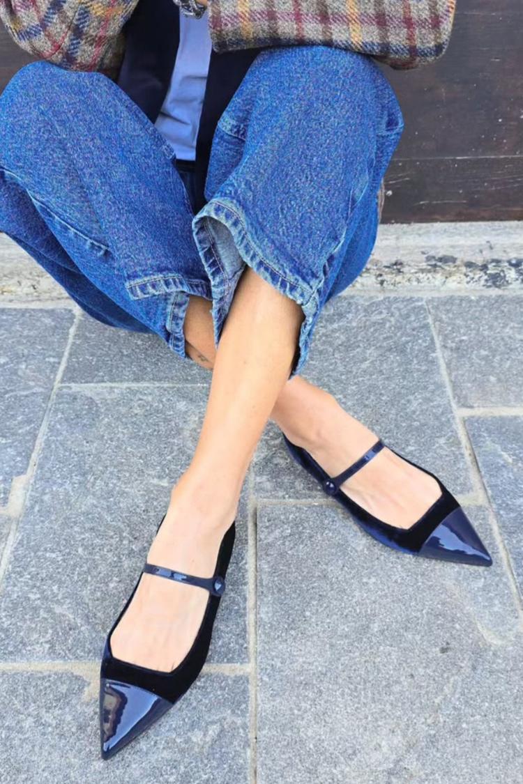 Ristriemen Samt Patchwork Spitzzehen Ballerinas [Vorbestellung]