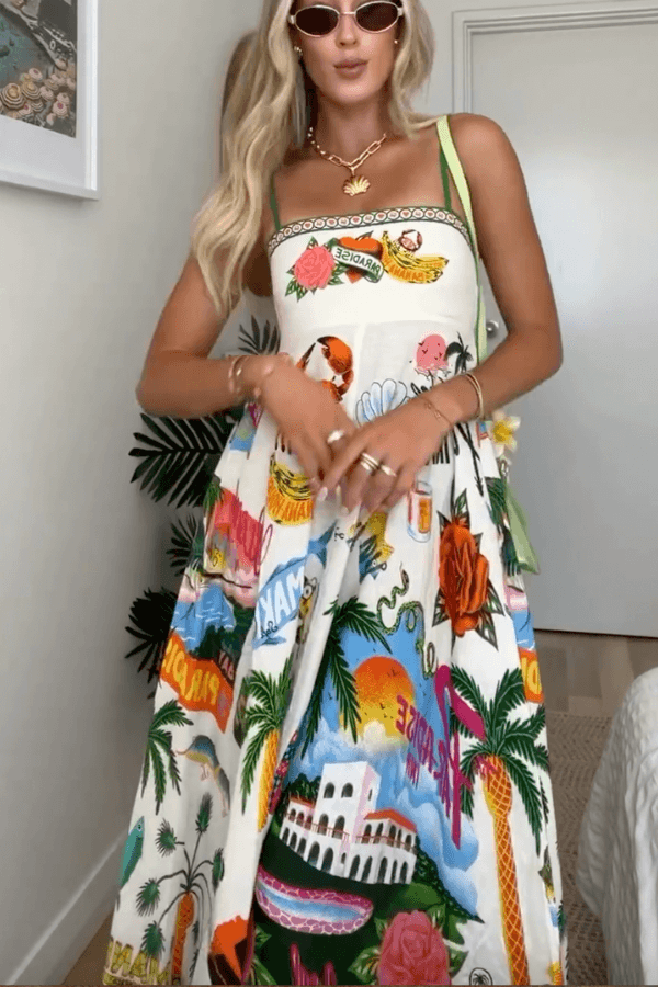 Smocked Tropical Print Maxi Dress