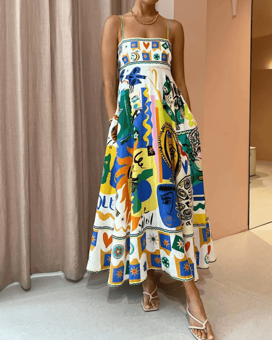 Geometric Graffiti Print Slip Maxi Dress