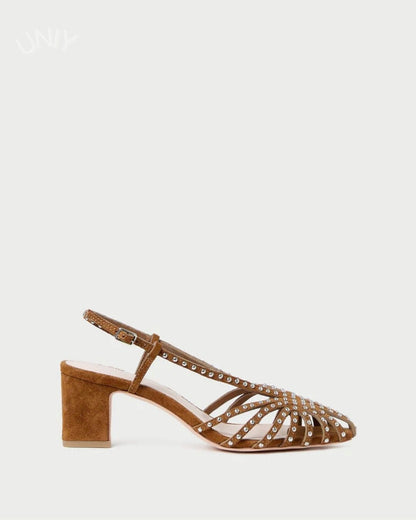 Brown Studded Strappy Slingback Peep Toe Block Heel Sandals