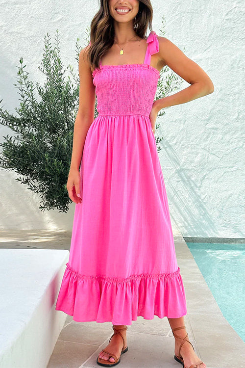 Bow Shoulder Smocked Ruffle Maxi Dress
