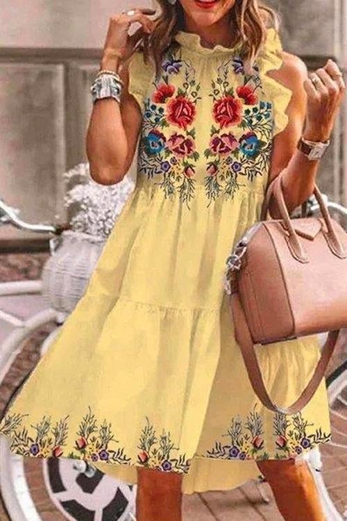 Ärmelloses Midikleid mit Rüschensaum, Blumenstickerei und Stufenrock