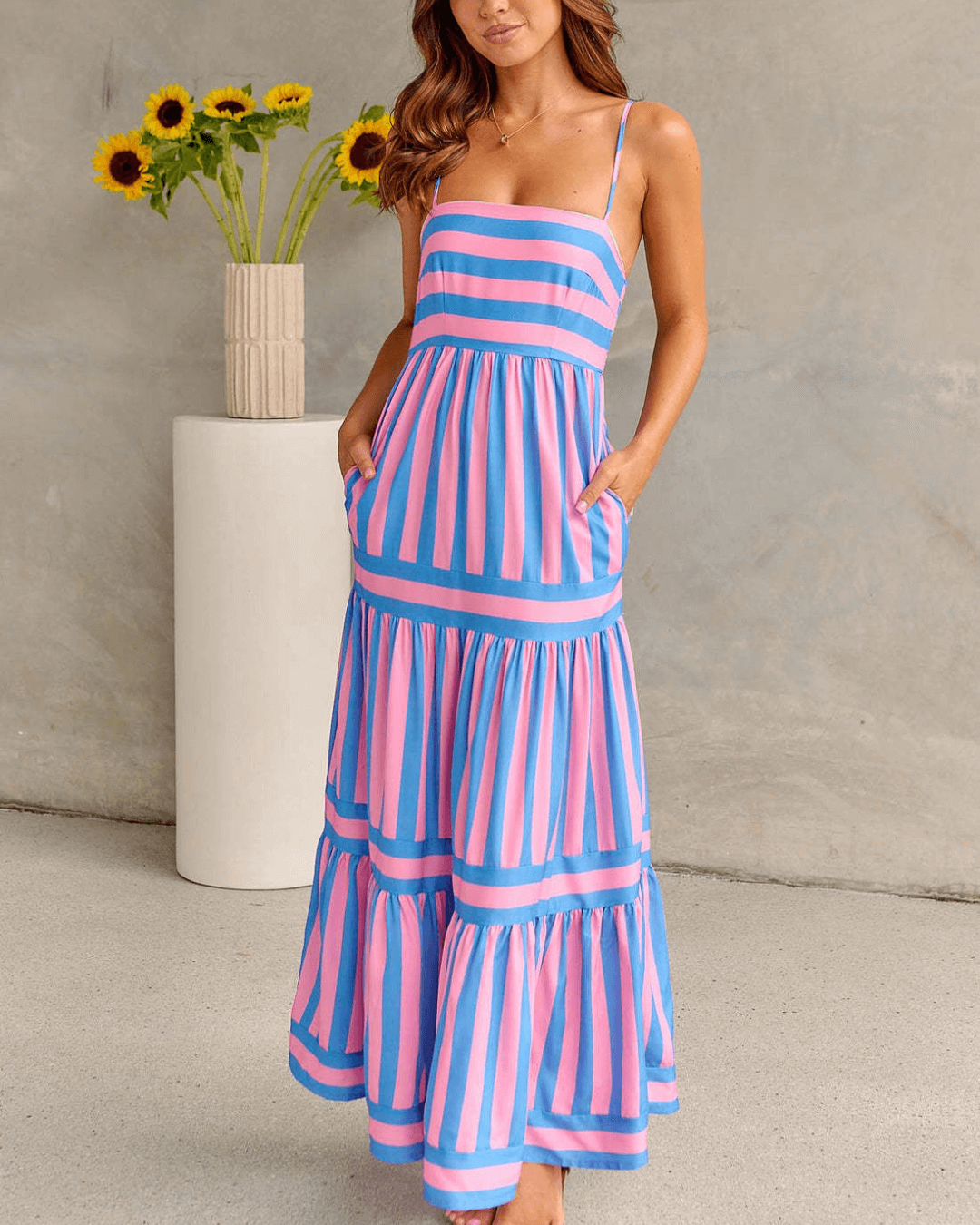 Striped Tiered Maxi Dress Spaghetti Strap