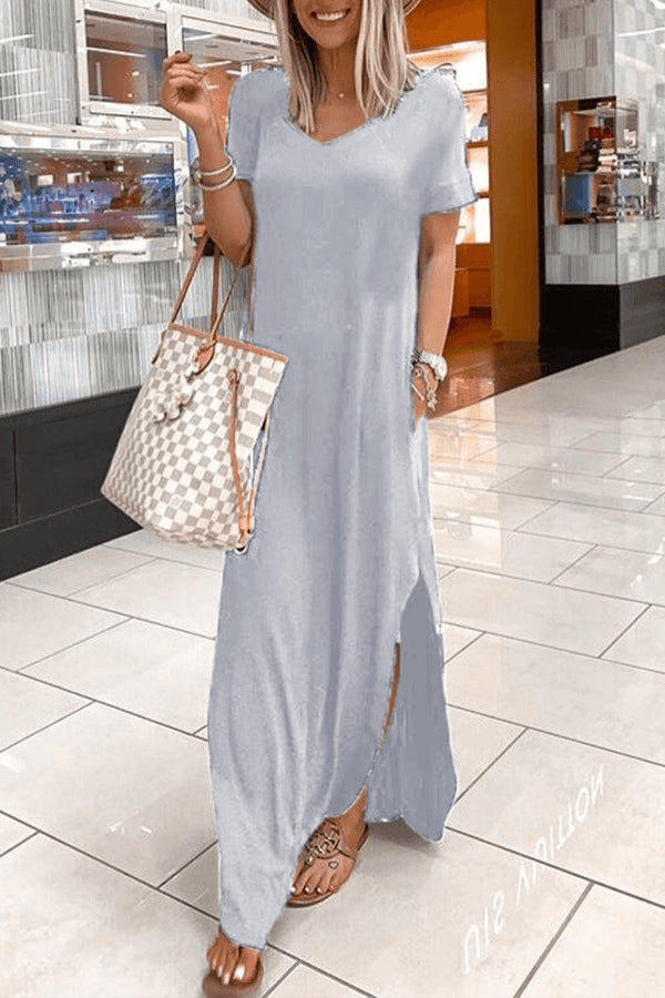 V Neck Short Sleeve Slit Maxi Dress