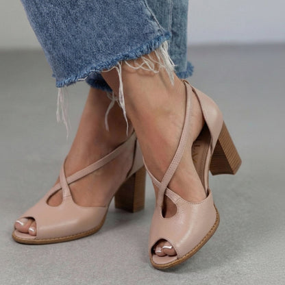 Blush Pink Cross Strap Open Toe Elegant Block Heel Sandals
