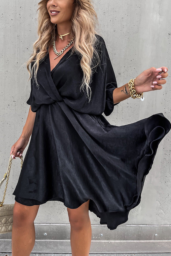 V-Neck Batwing Sleeve Satin Mini Dress