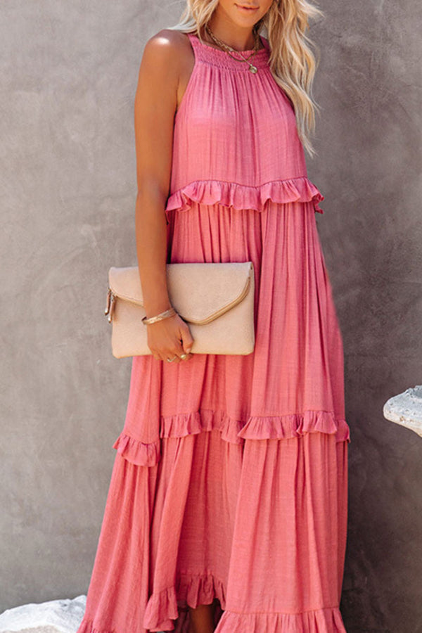 Sleeveless Smocked Halter Neck Irregular Tiered Ruffle Maxi Dress