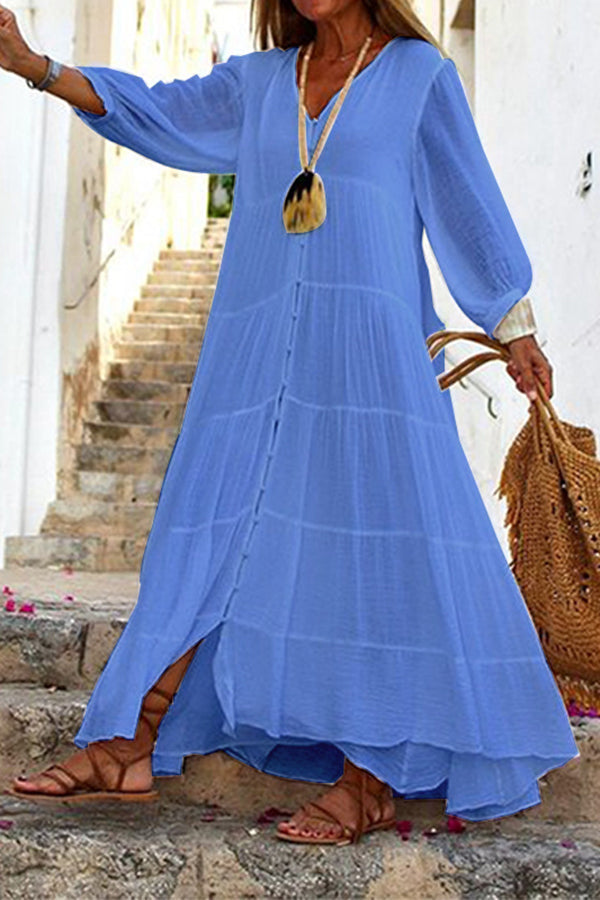 Vestido maxi de manga larga con botones y volantes, mezcla de algodón y lino