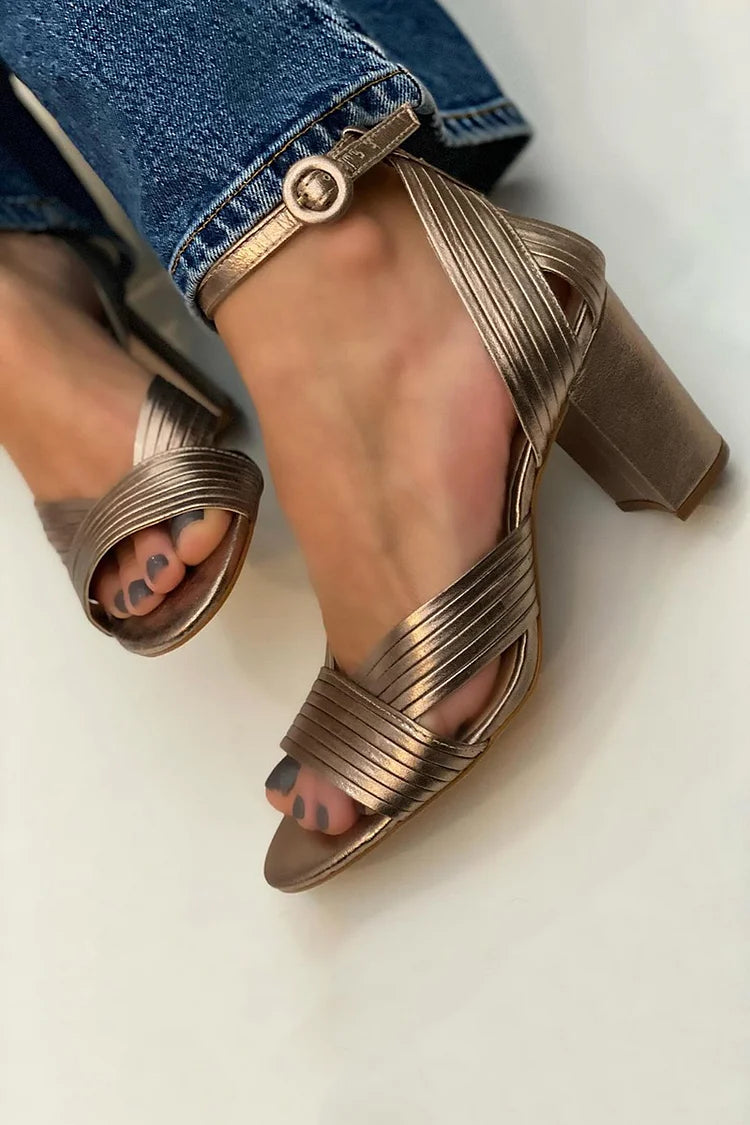 Textured Ribbed Sandals Toe Ankle Strap Gold Peep Heels