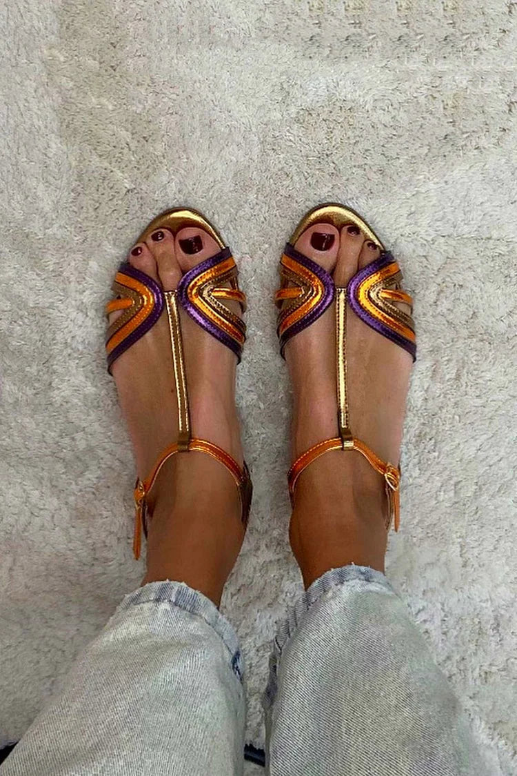Metallic Peep Toe T-Strap Buckle Sandals