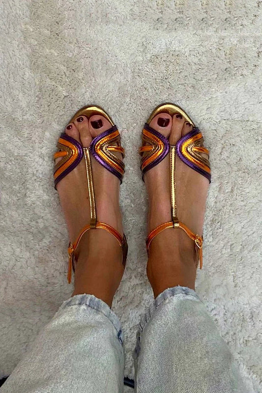 Metallic Peep Toe T-Strap Buckle Sandals