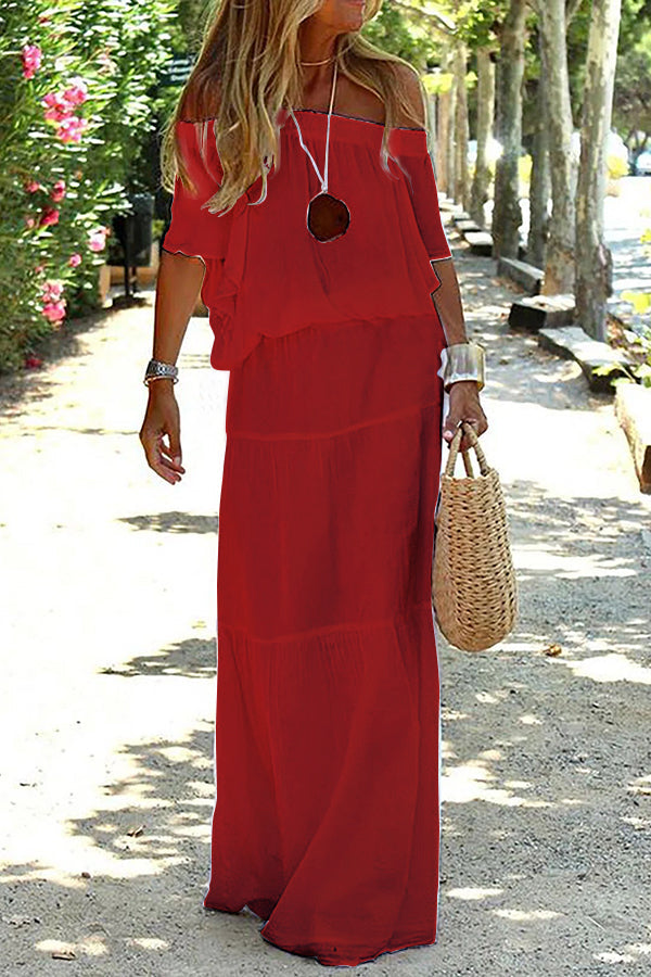 Casual Off Shoulder Ruffle Tiered Beach Maxi Dress