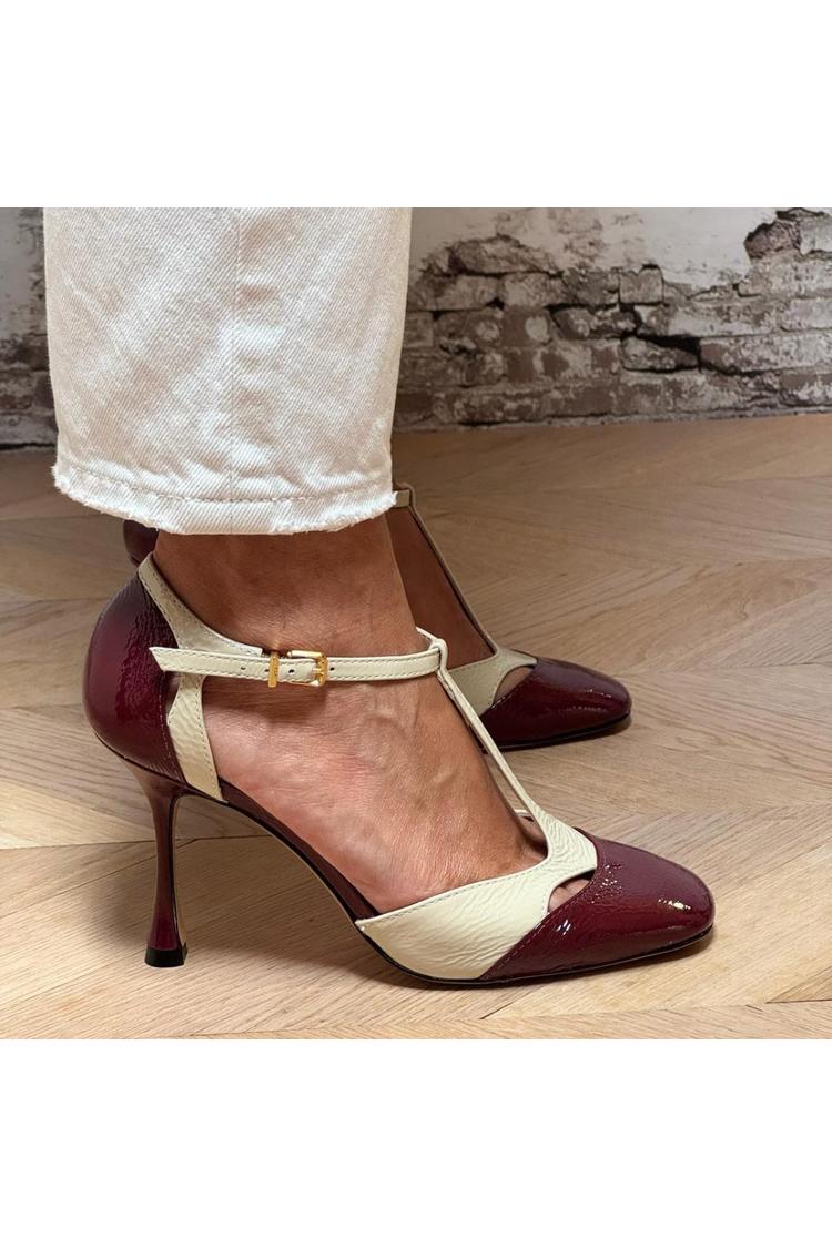 Two Tone T-Strap Cut Out Buckle Stiletto Heels [Pre Order]