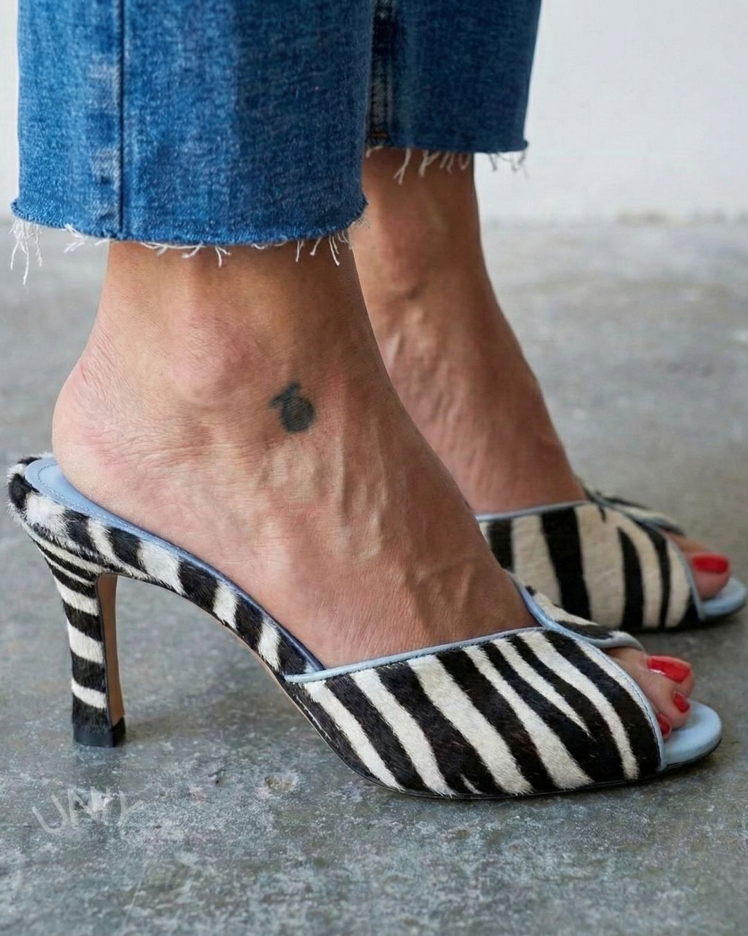 Zebra Print Light Blue Trim Peep Toe Heel Mules [Pre Order]