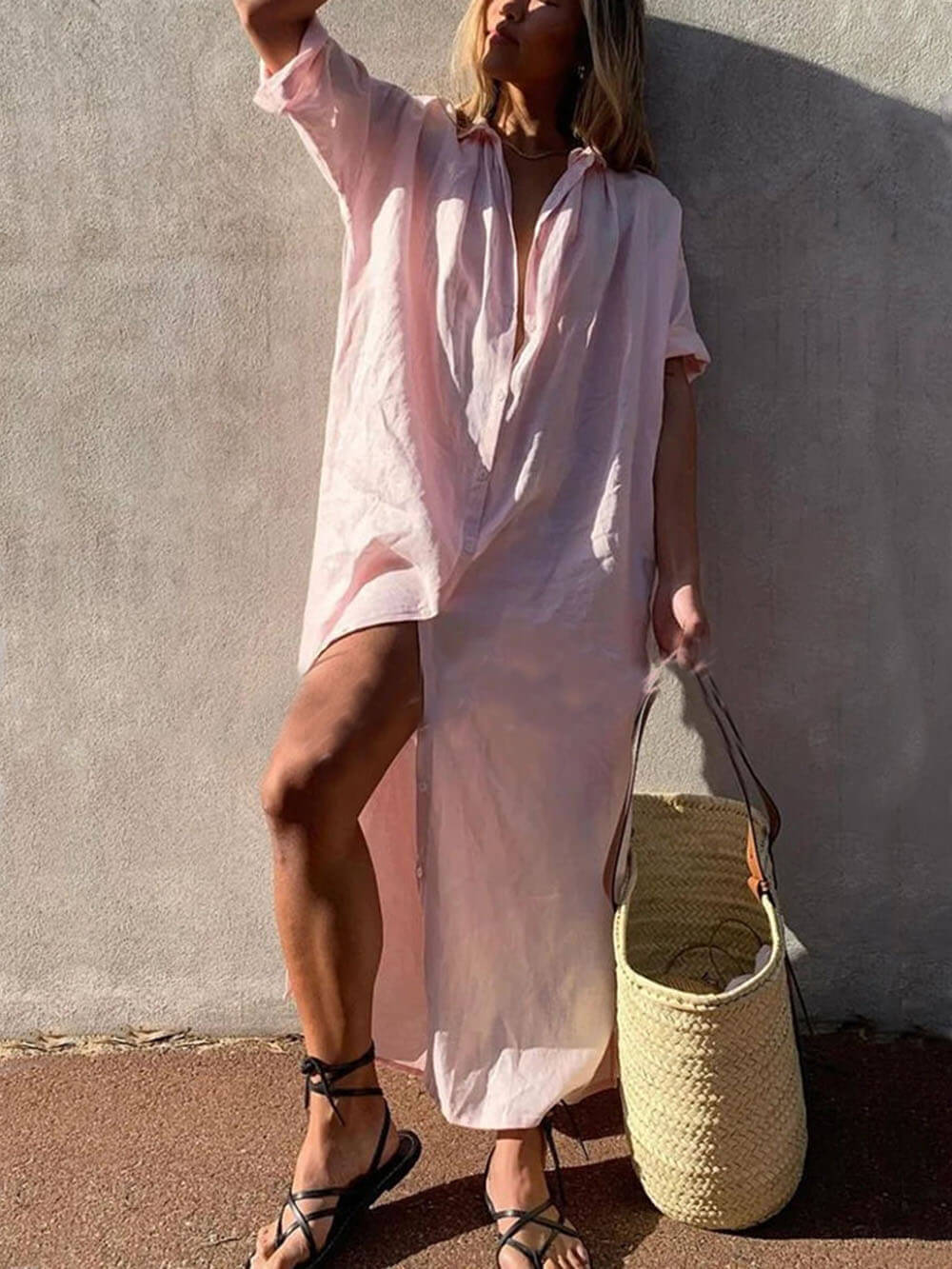 Oversized Linen Short Sleeve Button Down Maxi Shirt Dress