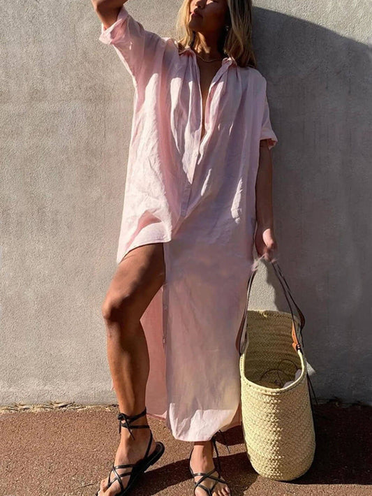 Oversized Linen Short Sleeve Button Down Maxi Shirt Dress