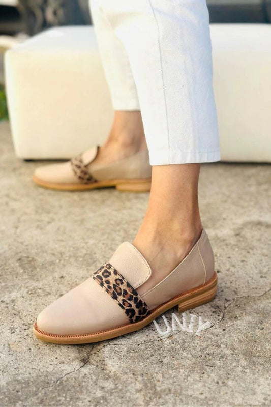 Beige Leather Leopard Print Slip-On Loafers [Pre Order]
