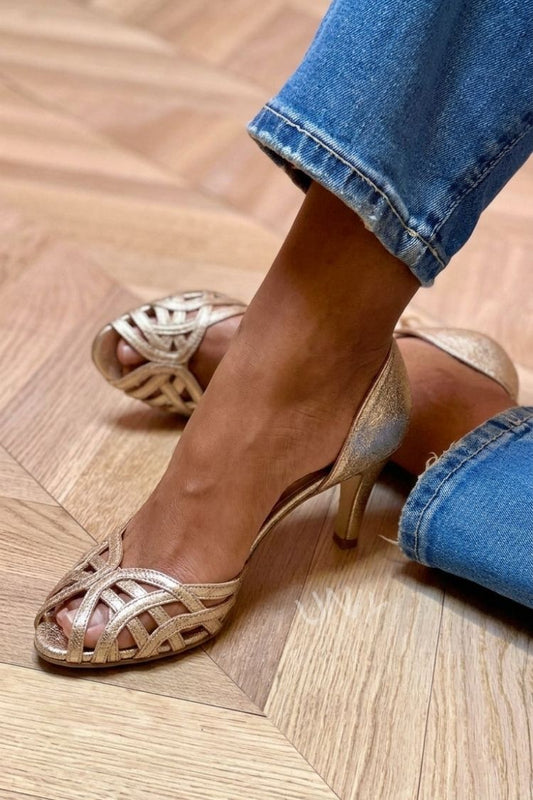 Metallic Gold Intertwined Straps Peep Toe Mid Heels]