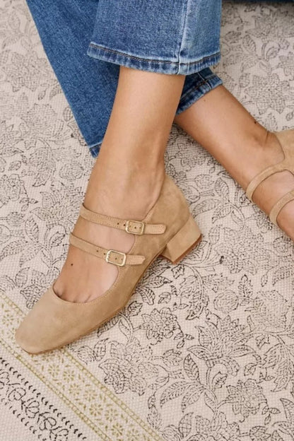 Suede Double Buckle Strap Block Heel Pumps [Pre Order]