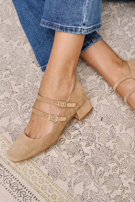 Beige Suede Buckled Strap Block Heels [Pre Order]