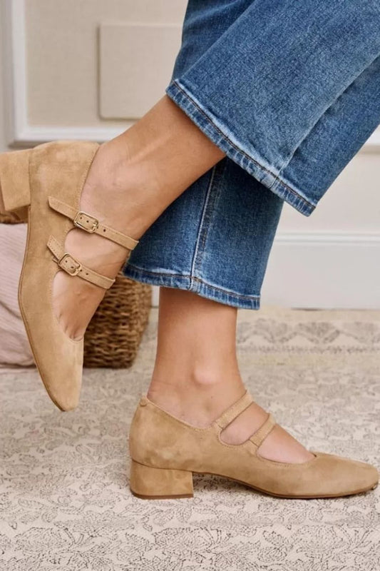 Beige Suede Buckled Strap Block Heels [Pre Order]