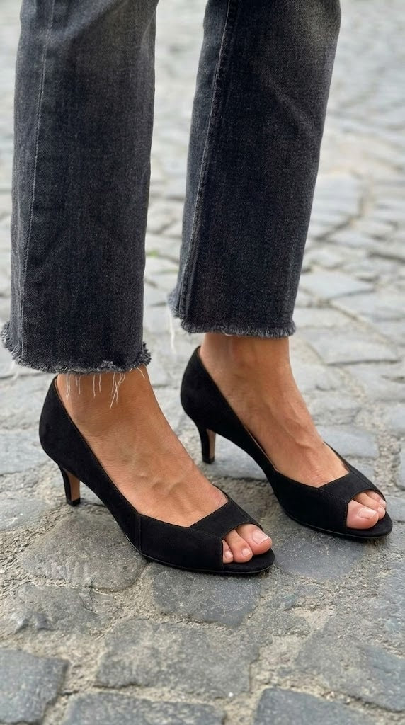 Tan Suede Peep Toe Low Kitten Heels [Pre Order]