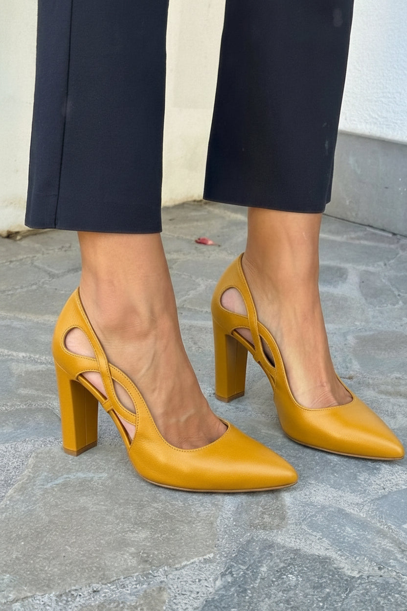 Faux Leather Cutout Block Heel Pointed Pumps