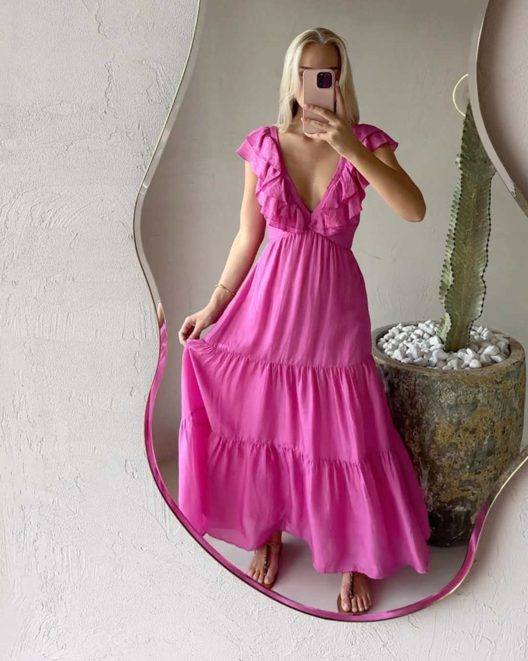 Ruffle Sleeve V-Neck Tiered Maxi Dress