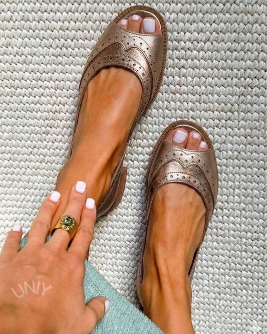 Metallic Bronze Brogue Perforated Peep Toe Versatile Sandals [Pre Order]